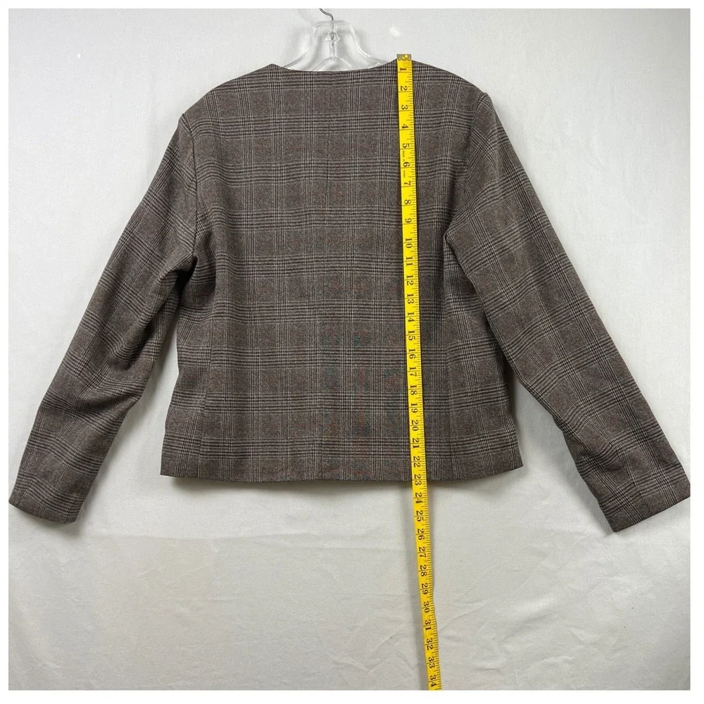 Athena Marie Plaid Blazer Women 12 Brown Gold Turn Lock Collarless Jacket NEW
